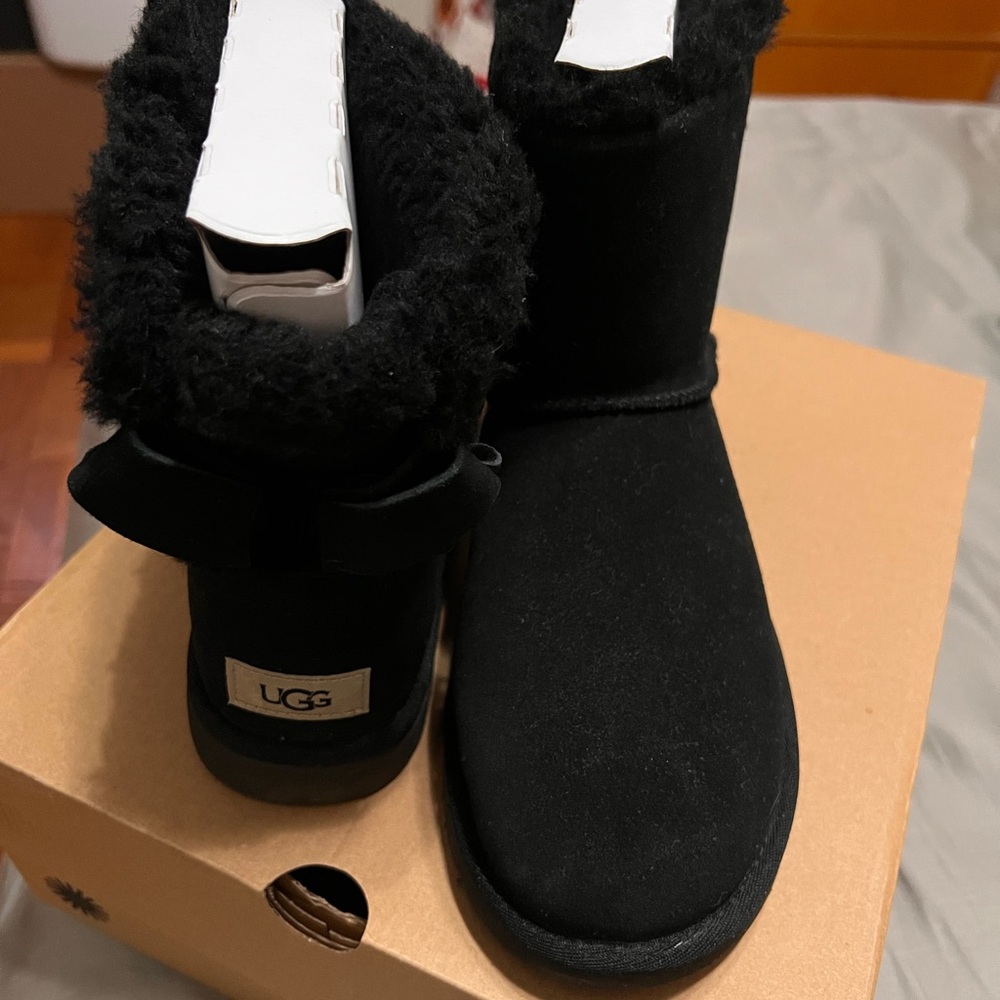 UGG Black Mini Bailey Suede Bow Shearling Boots